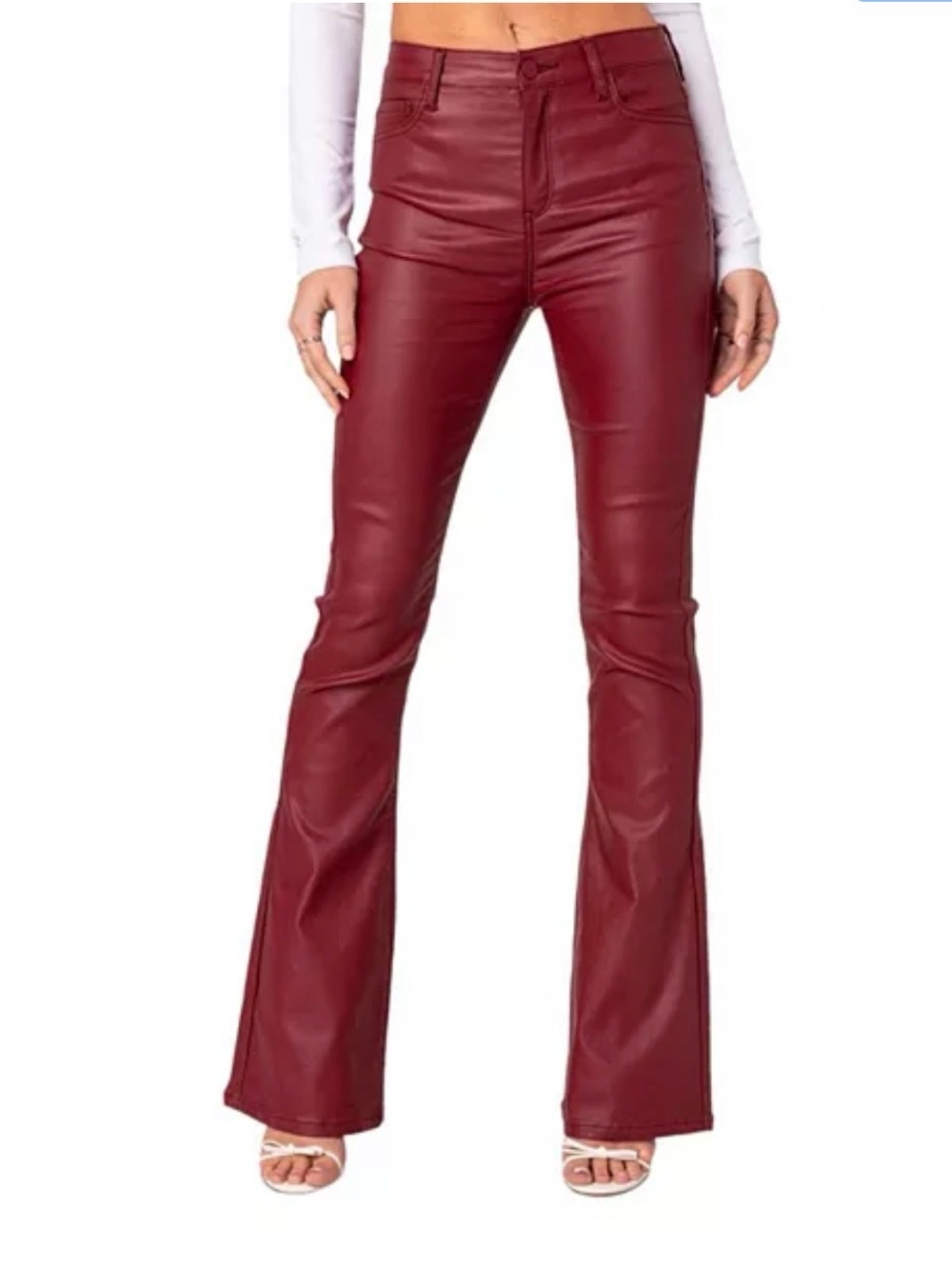 Edikted Burgundy Faux Leather Flare Pants